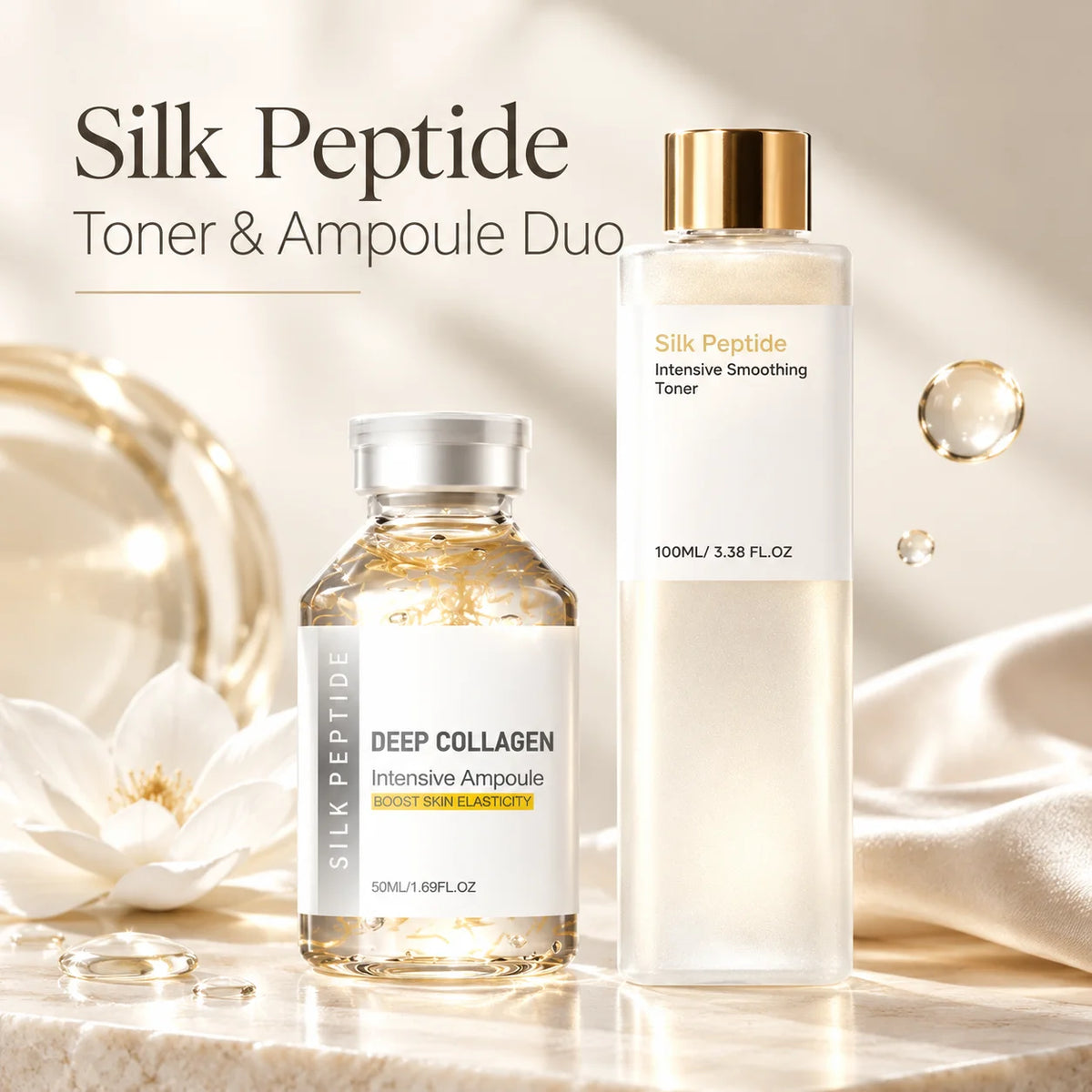 Silk Peptide Facial Toner & Serum Ampoule Set Duo, Korean Glass Skin Glow Care Revitalize Dry Tired-Looking Skin Women Gift Set