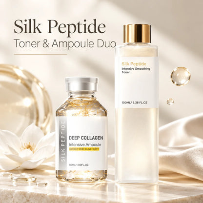 Silk Peptide Facial Toner & Serum Ampoule Set Duo, Korean Glass Skin Glow Care Revitalize Dry Tired-Looking Skin Women Gift Set