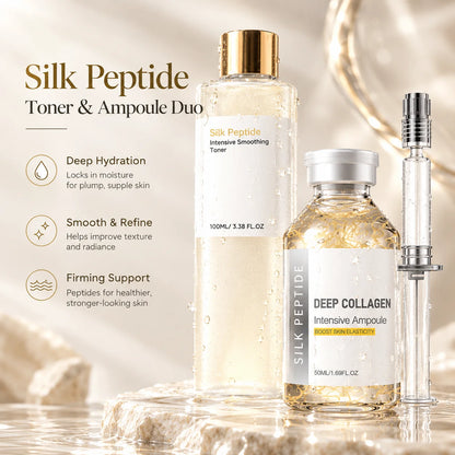 Silk Peptide Facial Toner & Serum Ampoule Set Duo, Korean Glass Skin Glow Care Revitalize Dry Tired-Looking Skin Women Gift Set